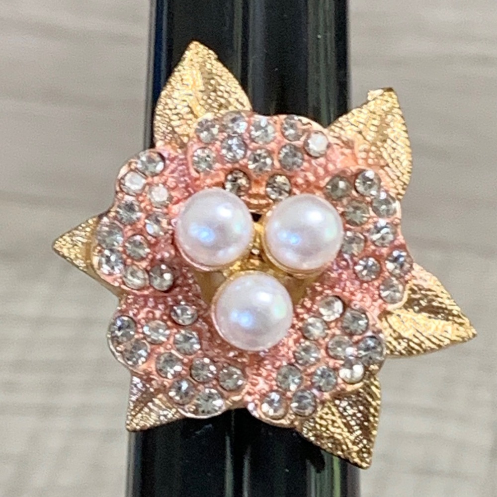 Gold Tone Floral Faux Pearl Rhinestone Adjustable Statement Cocktail Ring 4779
